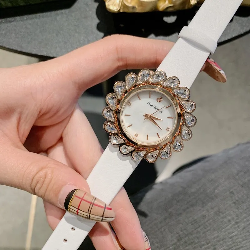 Flower Design Zircon Leather Strap Women's Watch