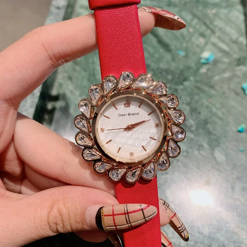 Flower Design Zircon Leather Strap Women's Watch