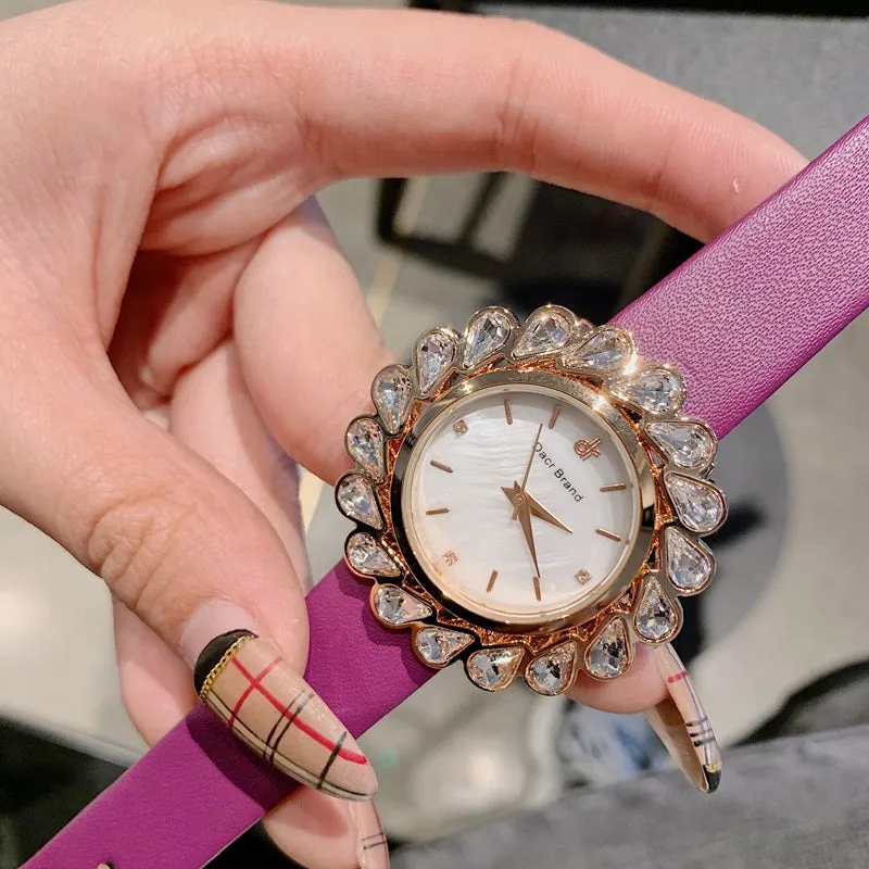 Flower Design Zircon Leather Strap Women's Watch