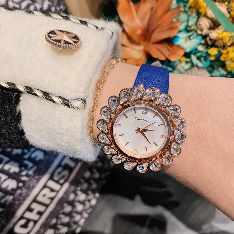 Flower Design Zircon Leather Strap Women's Watch