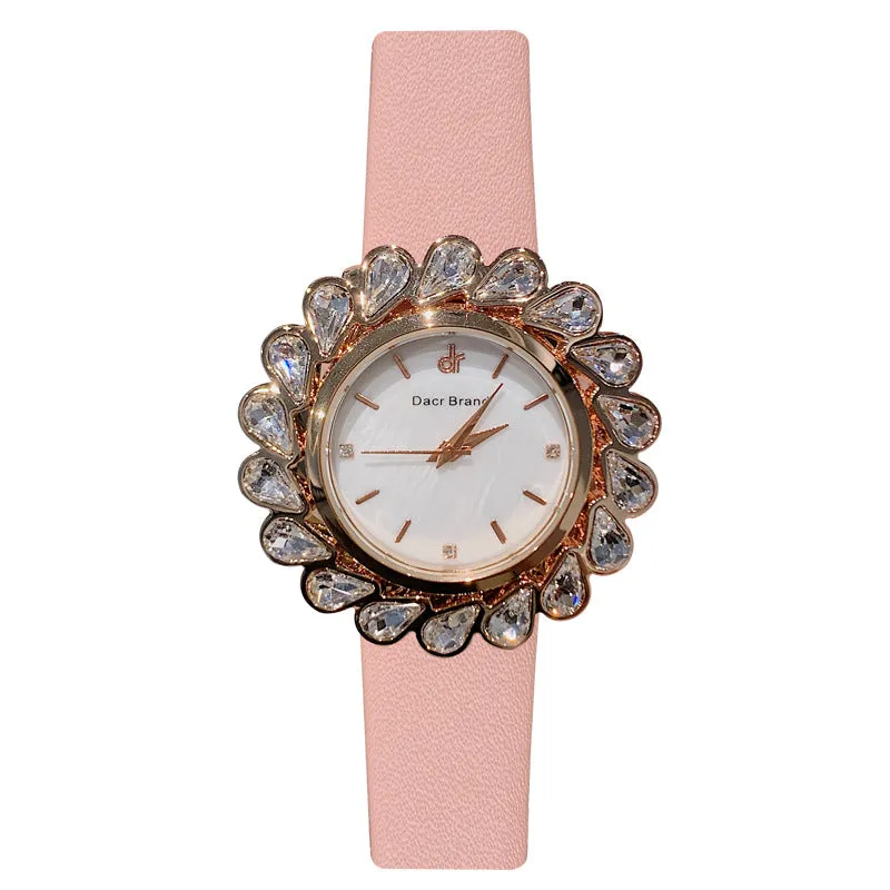 Flower Design Zircon Leather Strap Women's Watch