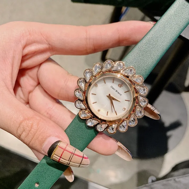 Flower Design Zircon Leather Strap Women's Watch