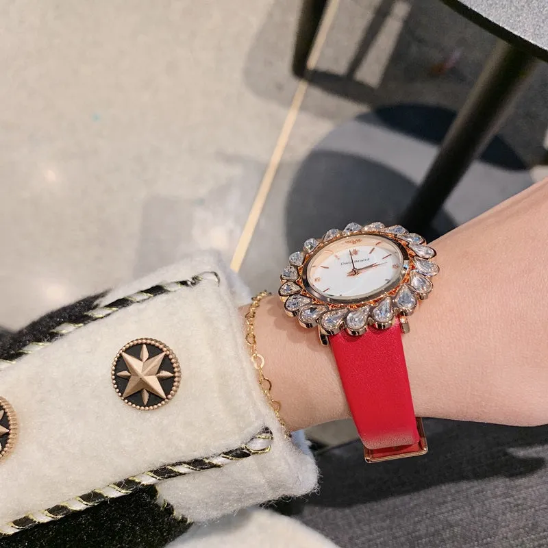 Flower Design Zircon Leather Strap Women's Watch