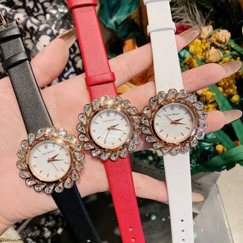 Flower Design Zircon Leather Strap Women's Watch