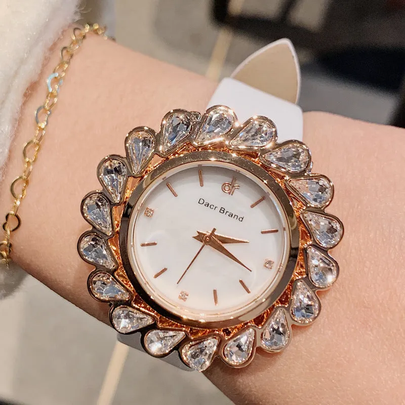 Flower Design Zircon Leather Strap Women's Watch