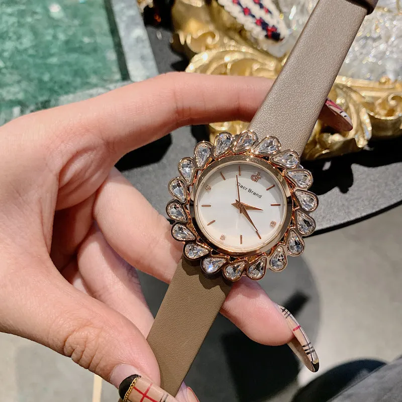 Flower Design Zircon Leather Strap Women's Watch