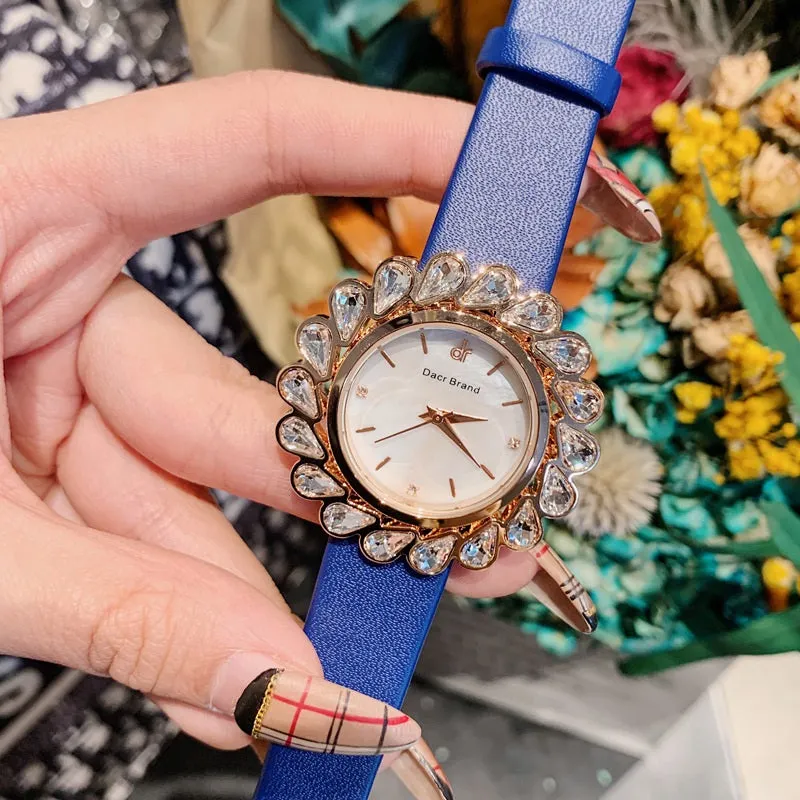 Flower Design Zircon Leather Strap Women's Watch