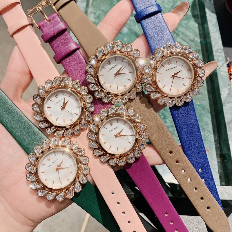 Flower Design Zircon Leather Strap Women's Watch