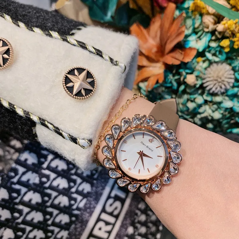 Flower Design Zircon Leather Strap Women's Watch