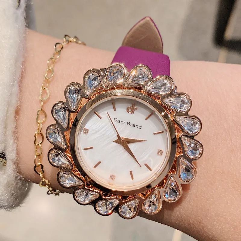 Flower Design Zircon Leather Strap Women's Watch