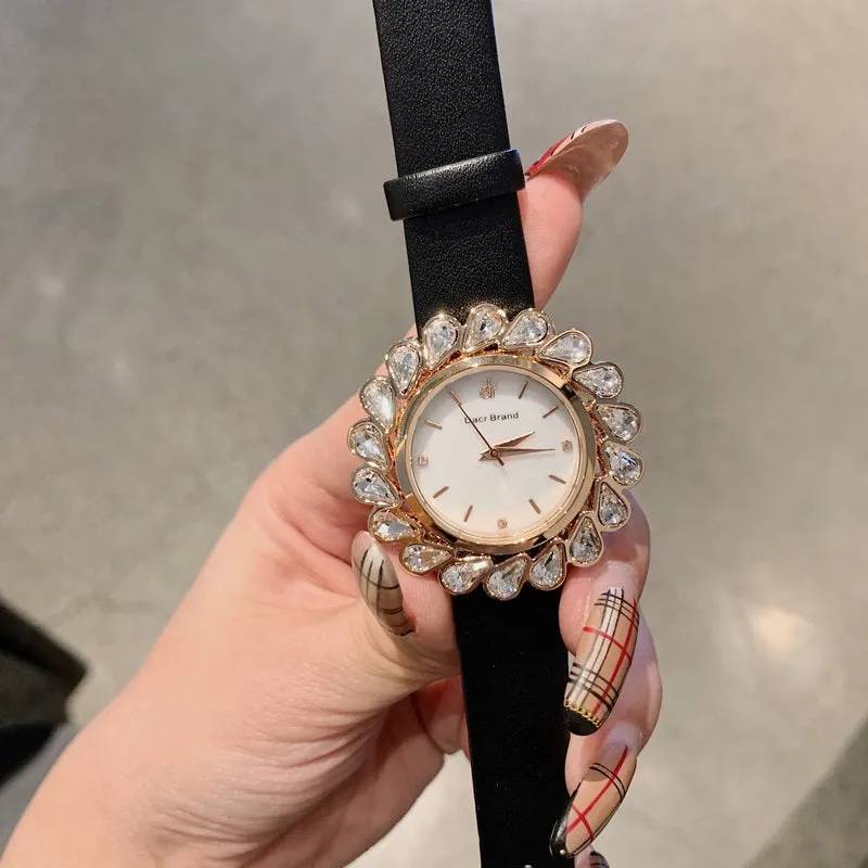 Flower Design Zircon Leather Strap Women's Watch