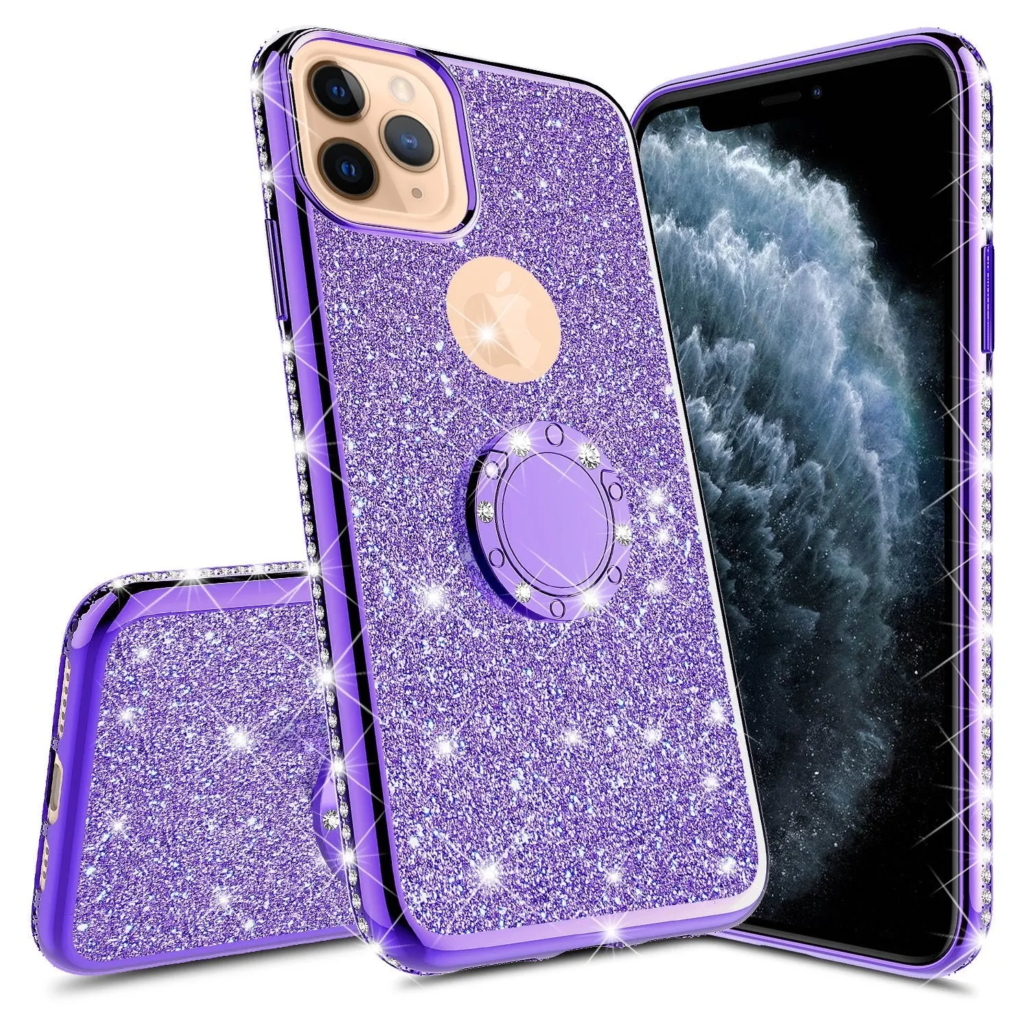 For Apple iPhone 13 Pro Case, Glitter Cute Phone Case Girls with Kickstand,Bling Diamond Rhinestone Bumper Ring Stand Sparkly Luxury Clear Thin Soft Protective Apple iPhone 13 Pro Case for Girl Women - Purple