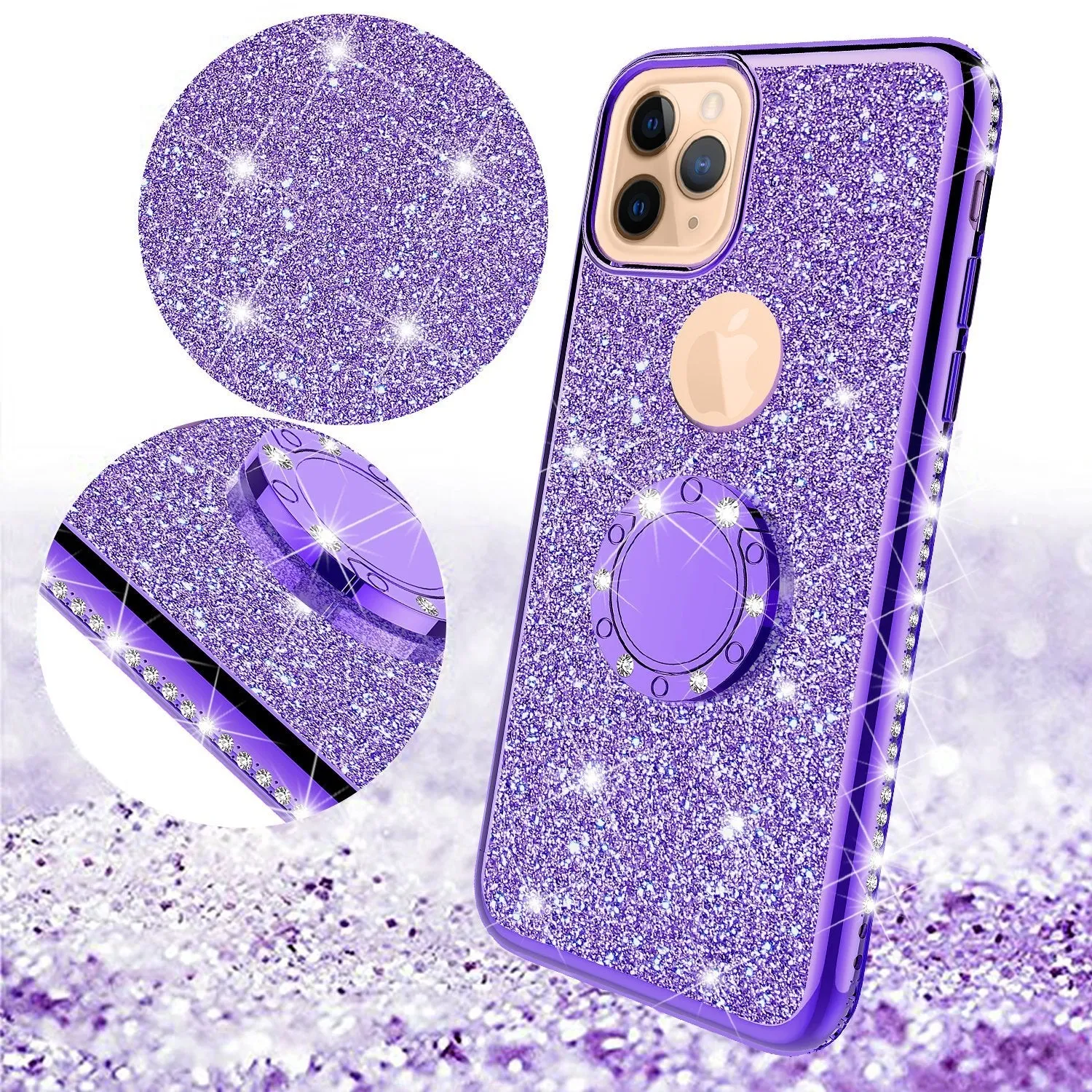 For Apple iPhone 13 Pro Case, Glitter Cute Phone Case Girls with Kickstand,Bling Diamond Rhinestone Bumper Ring Stand Sparkly Luxury Clear Thin Soft Protective Apple iPhone 13 Pro Case for Girl Women - Purple