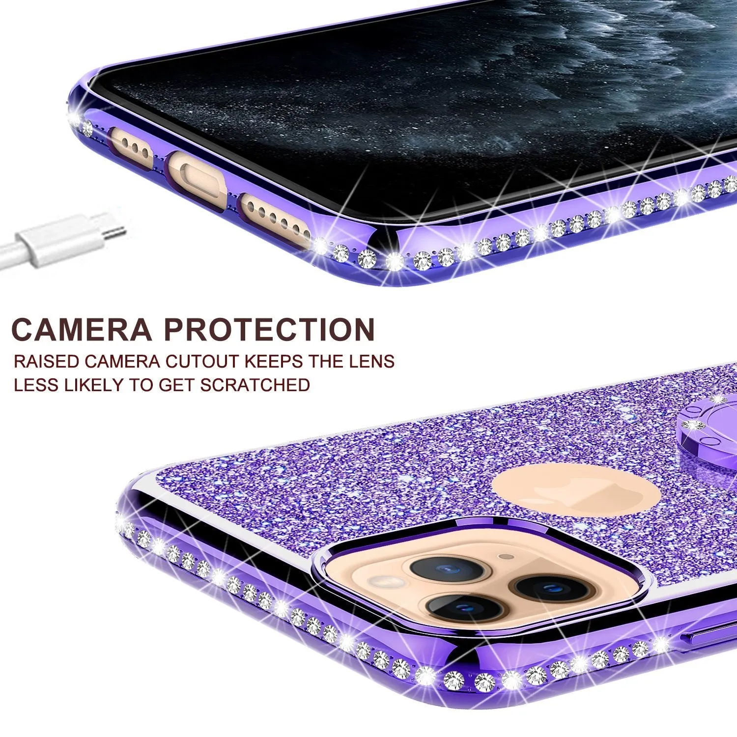 For Apple iPhone 13 Pro Case, Glitter Cute Phone Case Girls with Kickstand,Bling Diamond Rhinestone Bumper Ring Stand Sparkly Luxury Clear Thin Soft Protective Apple iPhone 13 Pro Case for Girl Women - Purple