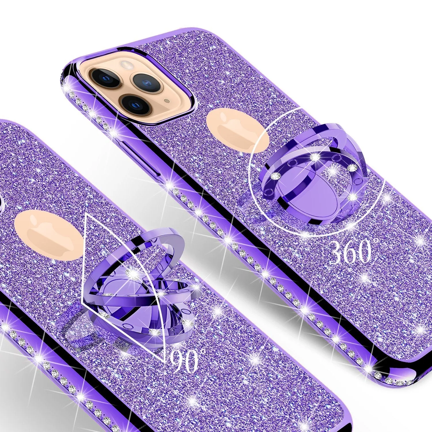 For Apple iPhone 13 Pro Case, Glitter Cute Phone Case Girls with Kickstand,Bling Diamond Rhinestone Bumper Ring Stand Sparkly Luxury Clear Thin Soft Protective Apple iPhone 13 Pro Case for Girl Women - Purple