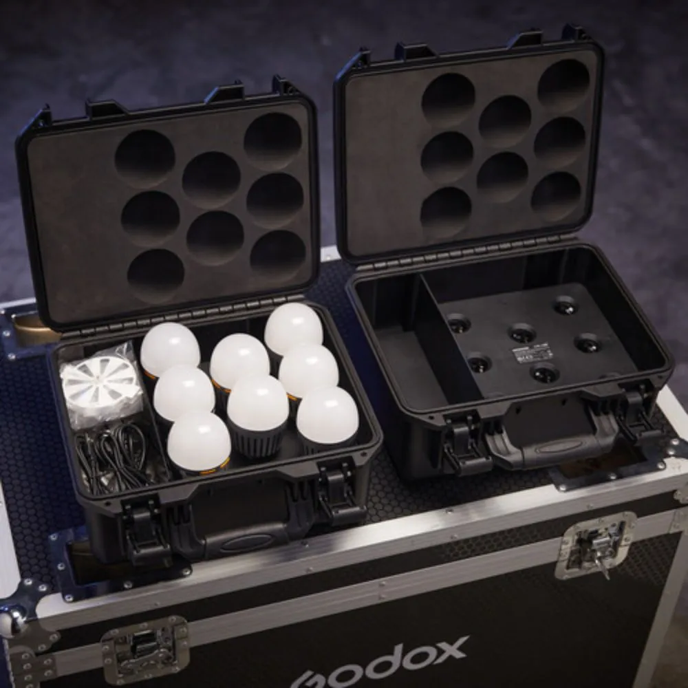 Godox C7R KNOWLED 8-Light RGBWW E26 / E27 Creative Bulb and Charging Case 2500K-5800K CRI 96  / TLCI 97  2000-10000K CCT Round Cup Bouncer Diffusers, Bluetooth Control via Godox Light App, and Built-In Battery for Studio Lighting