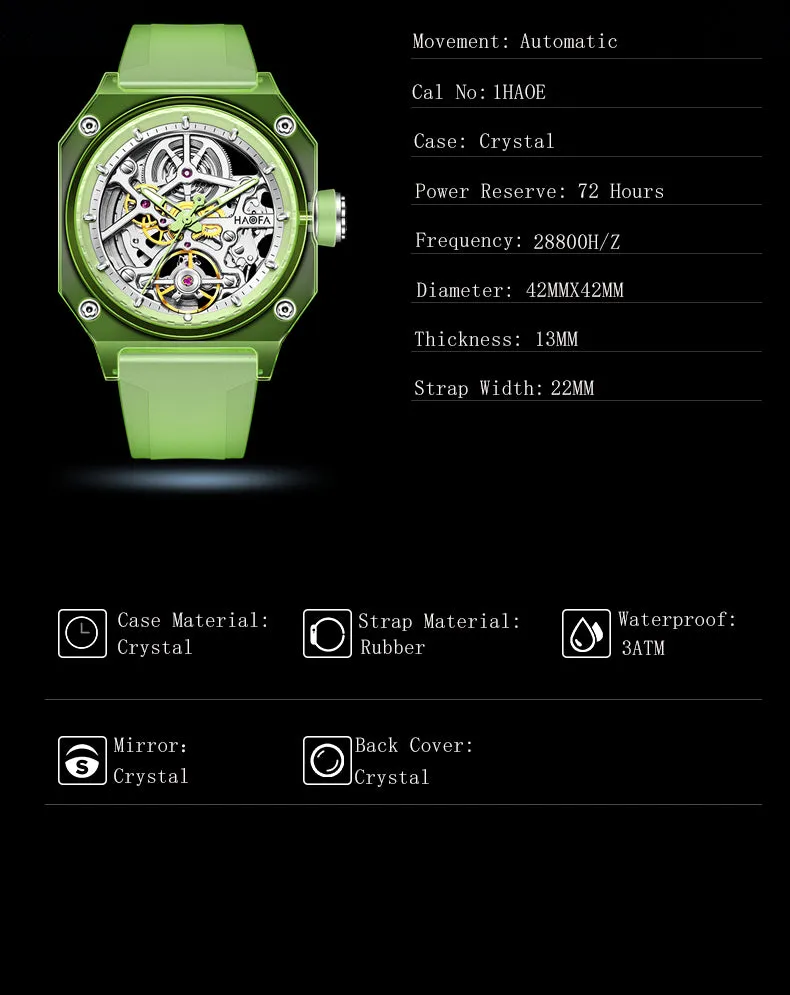 HAOFA 2208 Color Crystal Automatic Watch Power 72 Hours