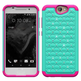 HTC One A9 Rhinestone Case , Slim Hybrid Dual Layer[Shock Resistant] Crystal Rhinestone Studded Case Cover - Teal/Hot Pink