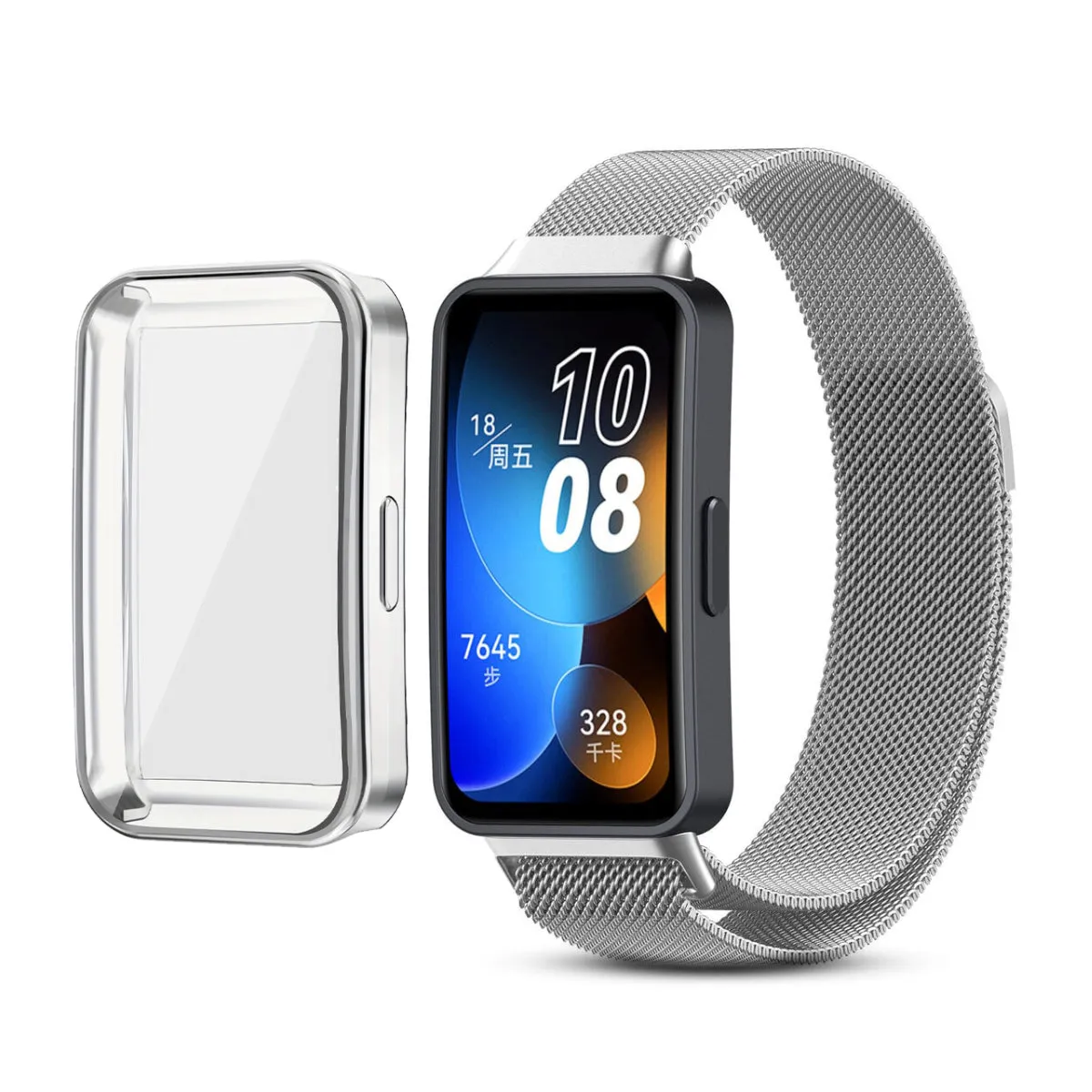 Huawei Band 8 | Huawei Band 9 With TPU Watch Case | Milanese Straps | Silver