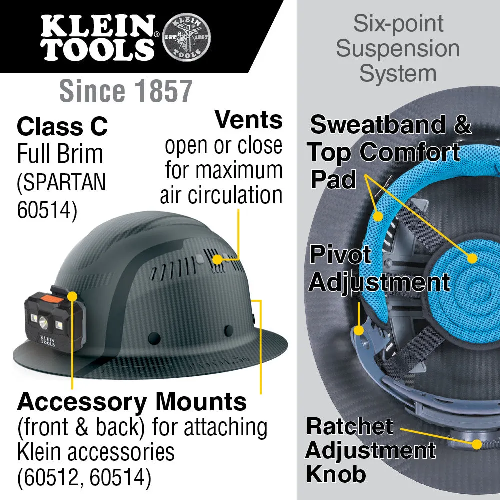 Klein 60514 Klein Carbon Fiber Full Brim Hard Hat with Headlamp, Spartan