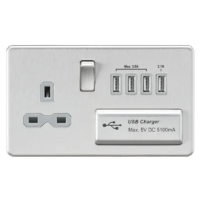 Knightsbridge Screwless 13A 1 Gang Switched Socket With Quad USB Outlet - Brushed Chrome