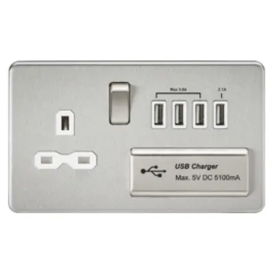 Knightsbridge Screwless 13A 1 Gang Switched Socket With Quad USB Outlet - Brushed Chrome