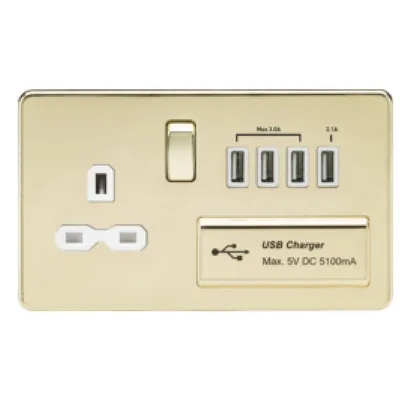 Knightsbridge Screwless 13A 1 Gang Switched Socket With Quad USB Outlet - Polished Brass