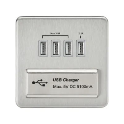 Knightsbridge Screwless 5V 5.1A Quad USB Charging Outlet - Brushed Chrome