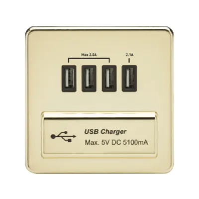 Knightsbridge Screwless 5V 5.1A Quad USB Charging Outlet - Polished Brass