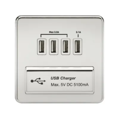 Knightsbridge Screwless 5V 5.1A Quad USB Charging Outlet - Polished Chrome