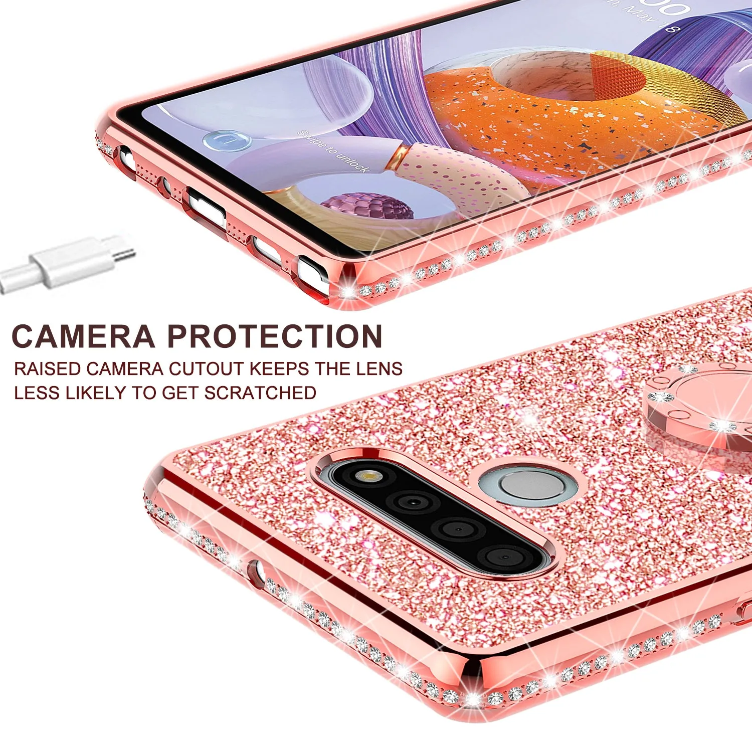 LG Stylo 6 Case, Glitter Cute Phone Case Girls with Kickstand,Bling Diamond Rhinestone Bumper Ring Stand Sparkly Luxury Clear Thin Soft Protective LG Stylo 6 Case for Girl Women - Rose Gold