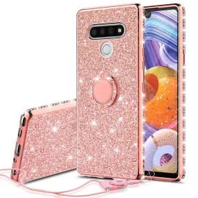 LG Stylo 6 Case, Glitter Cute Phone Case Girls with Kickstand,Bling Diamond Rhinestone Bumper Ring Stand Sparkly Luxury Clear Thin Soft Protective LG Stylo 6 Case for Girl Women - Rose Gold