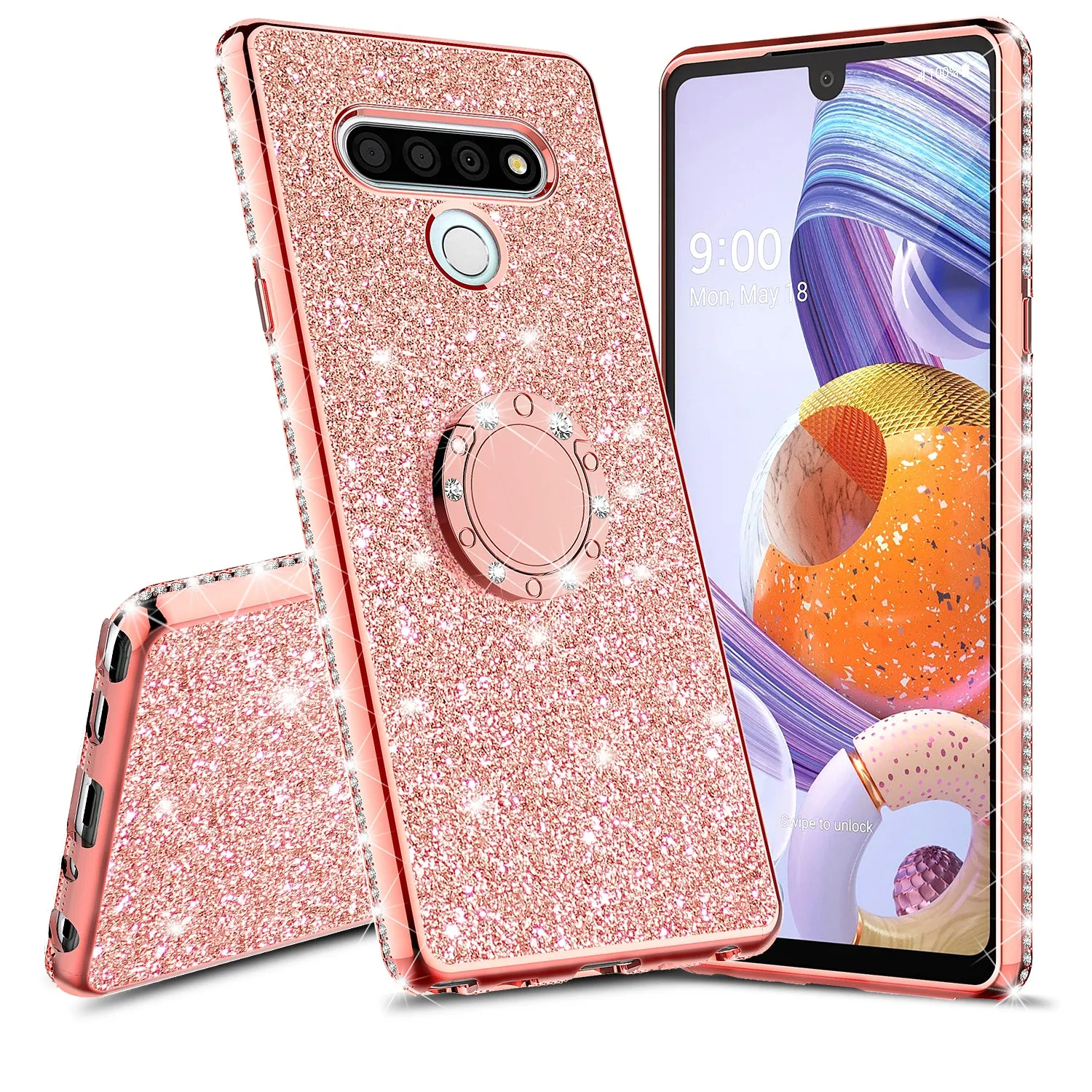 LG Stylo 6 Case, Glitter Cute Phone Case Girls with Kickstand,Bling Diamond Rhinestone Bumper Ring Stand Sparkly Luxury Clear Thin Soft Protective LG Stylo 6 Case for Girl Women - Rose Gold