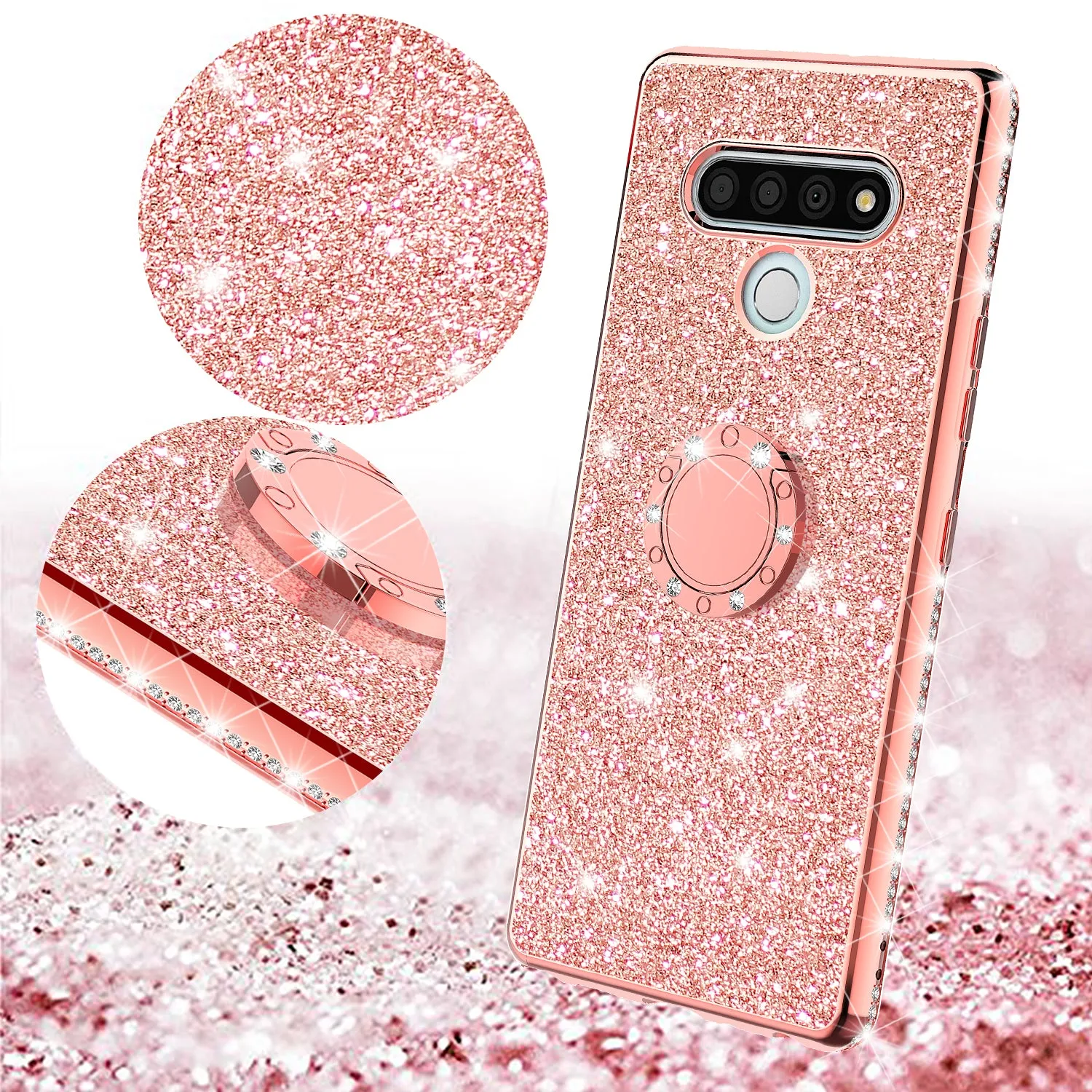 LG Stylo 6 Case, Glitter Cute Phone Case Girls with Kickstand,Bling Diamond Rhinestone Bumper Ring Stand Sparkly Luxury Clear Thin Soft Protective LG Stylo 6 Case for Girl Women - Rose Gold