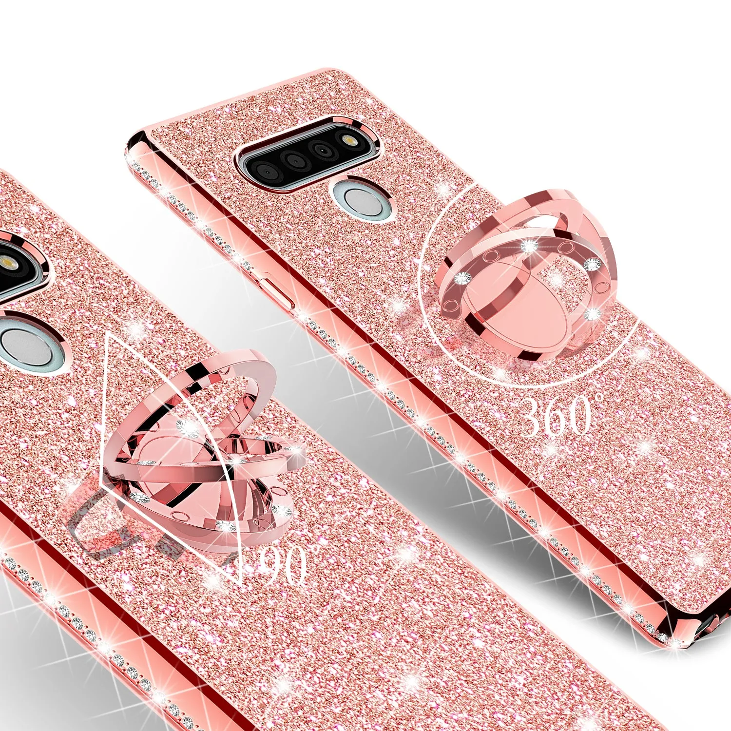 LG Stylo 6 Case, Glitter Cute Phone Case Girls with Kickstand,Bling Diamond Rhinestone Bumper Ring Stand Sparkly Luxury Clear Thin Soft Protective LG Stylo 6 Case for Girl Women - Rose Gold