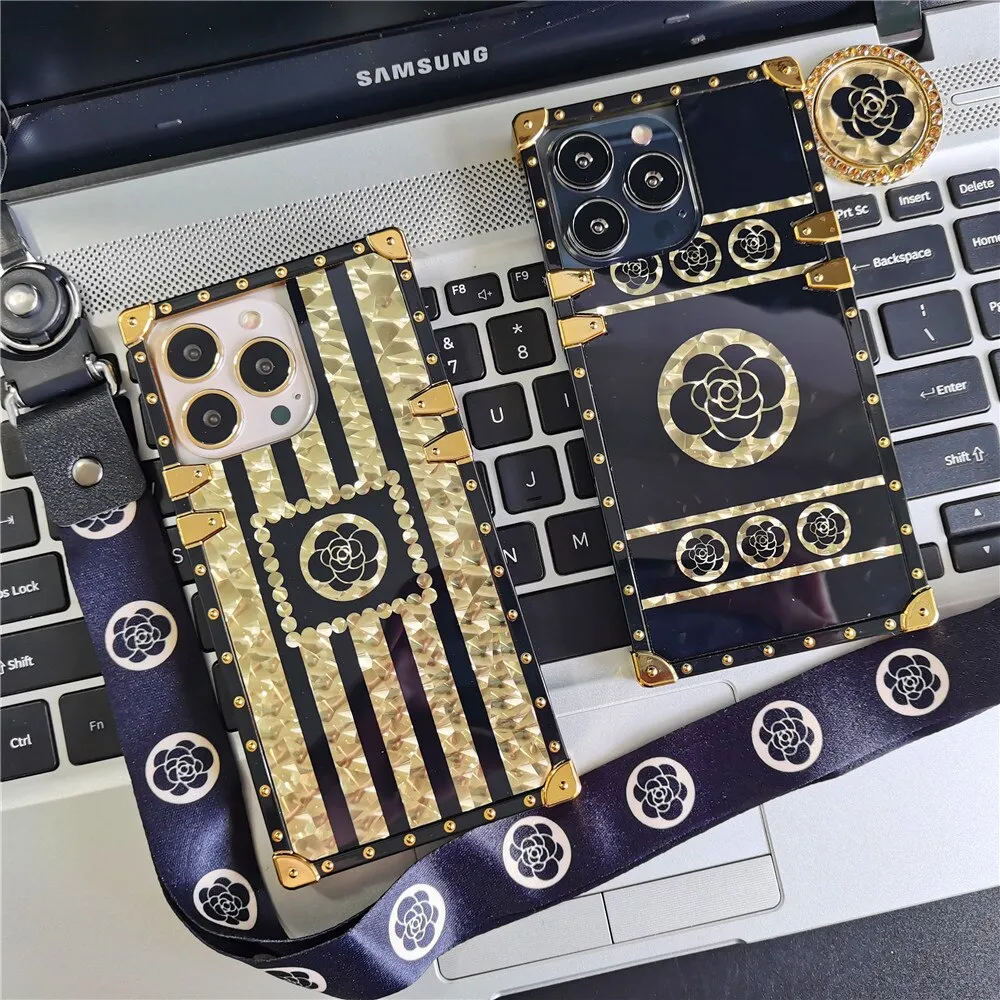 Luxury Brand Glitter Gold Rose Flower Case For IPhone 13 PRO MAX 11 12 14 PRO MAX 6 7 8 14 Plus XR X XS Bling Square Phone Cover