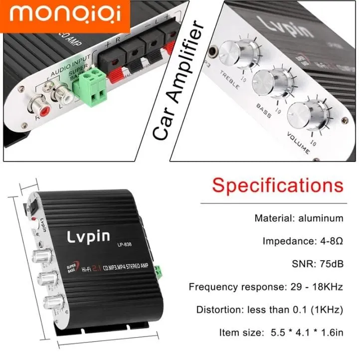 Lvpin Convenient Stereo Amplifier Sturdy 12V 2.1 Channels Radio Subwoofer Mini Audio Amplifier for Car S4234215