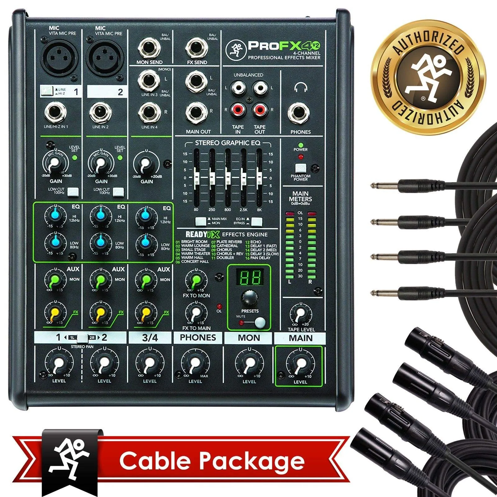 Mackie PROFX4v2 Pro 4 Channel Compact Mixer w Effects PROFX4 V2 with Bundle