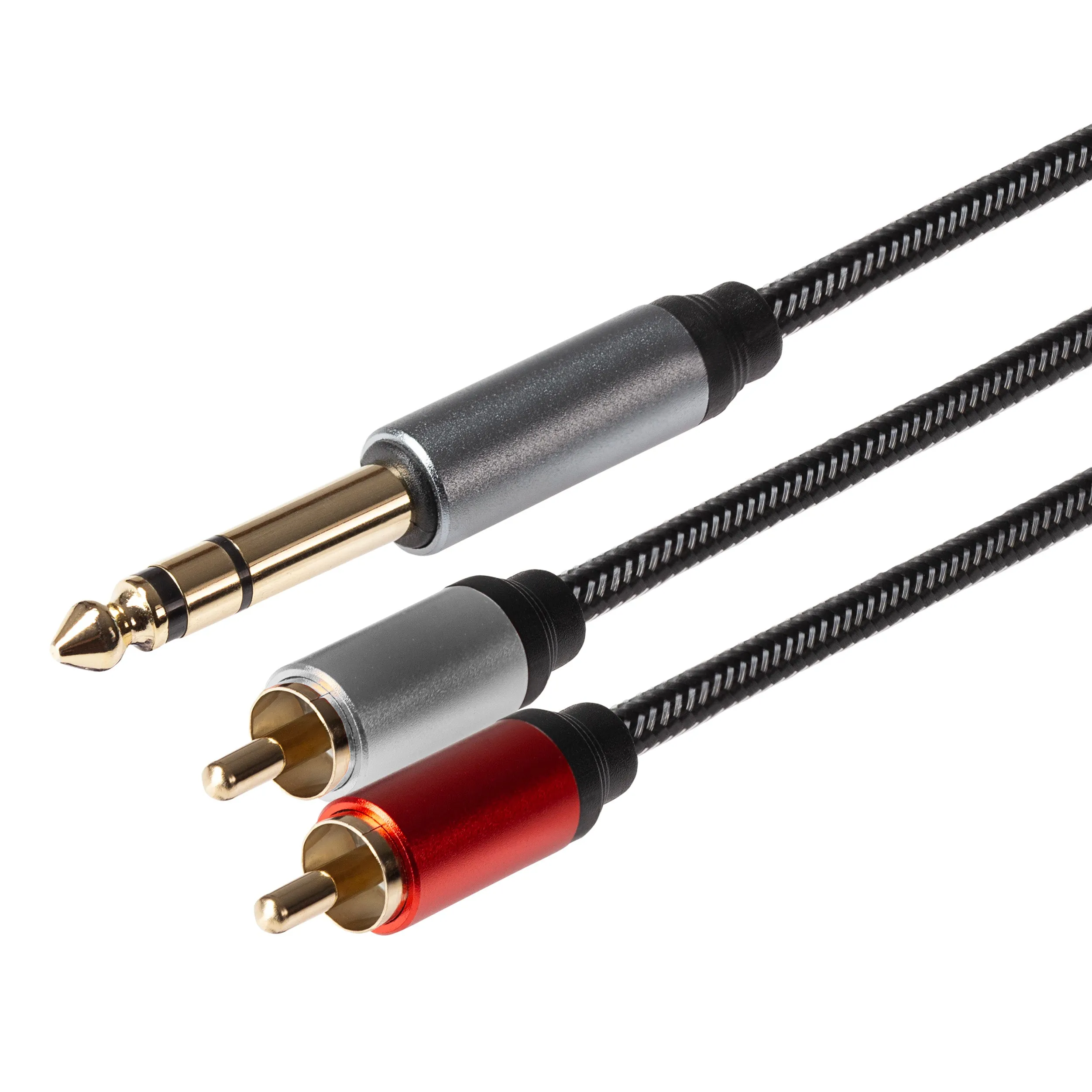 Maplin 1/4" 6.35mm 3 Pole Jack Plug to Twin RCA Phono Braided Cable - Black, 3m