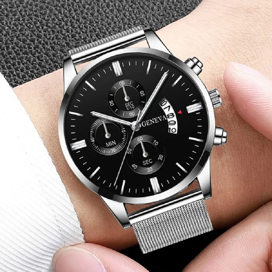 Mens Fashion Mesh Belt Quartz Wrist Watch