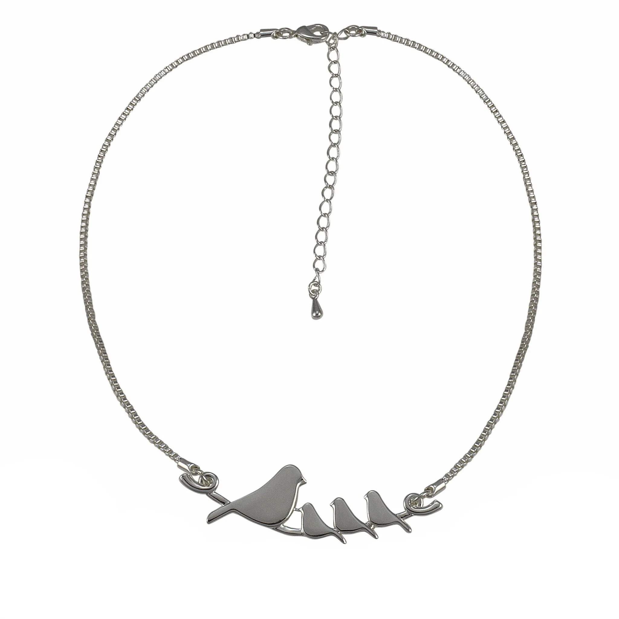 Mother and Baby Birds on a Branch Silver Pendant Necklace