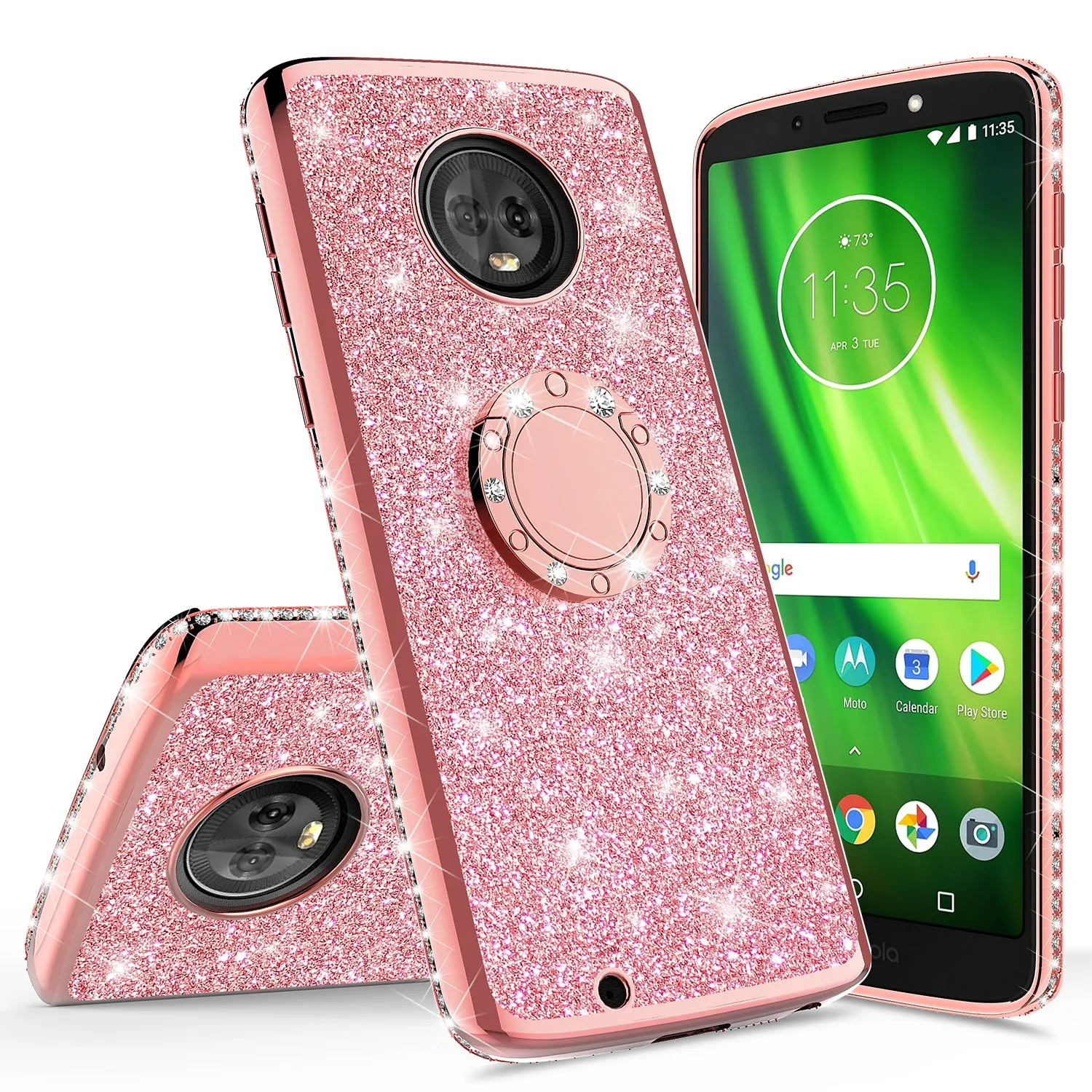 Motorola Moto G6 , Moto G6 2018 Case, Glitter Cute Phone Case Girls with Kickstand,Bling Diamond Rhinestone Bumper Ring Stand Sparkly Luxury Clear Thin Soft Protective Motorola Moto G6 Case for Girl Women - Rose Gold