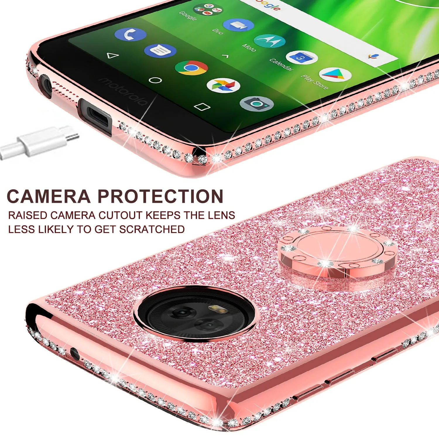 Motorola Moto G6 , Moto G6 2018 Case, Glitter Cute Phone Case Girls with Kickstand,Bling Diamond Rhinestone Bumper Ring Stand Sparkly Luxury Clear Thin Soft Protective Motorola Moto G6 Case for Girl Women - Rose Gold