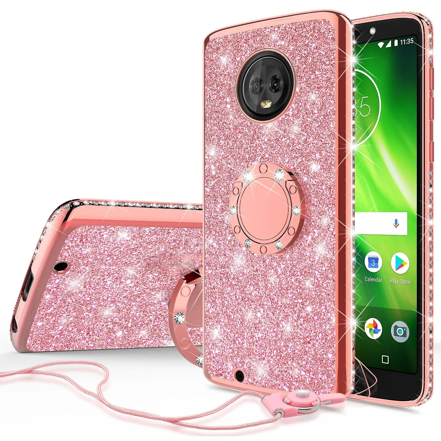 Motorola Moto G6 , Moto G6 2018 Case, Glitter Cute Phone Case Girls with Kickstand,Bling Diamond Rhinestone Bumper Ring Stand Sparkly Luxury Clear Thin Soft Protective Motorola Moto G6 Case for Girl Women - Rose Gold