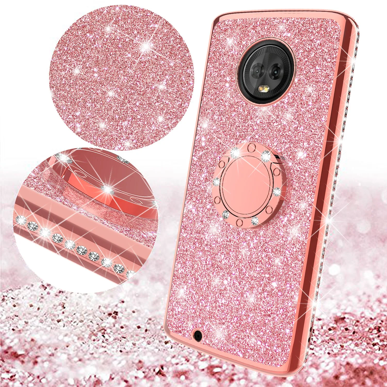 Motorola Moto G6 , Moto G6 2018 Case, Glitter Cute Phone Case Girls with Kickstand,Bling Diamond Rhinestone Bumper Ring Stand Sparkly Luxury Clear Thin Soft Protective Motorola Moto G6 Case for Girl Women - Rose Gold