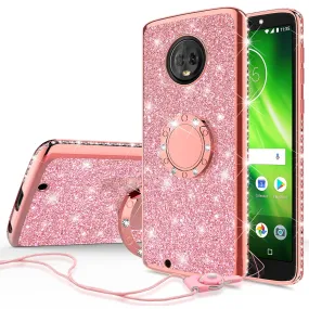 Motorola Moto G6 , Moto G6 2018 Case, Glitter Cute Phone Case Girls with Kickstand,Bling Diamond Rhinestone Bumper Ring Stand Sparkly Luxury Clear Thin Soft Protective Motorola Moto G6 Case for Girl Women - Rose Gold