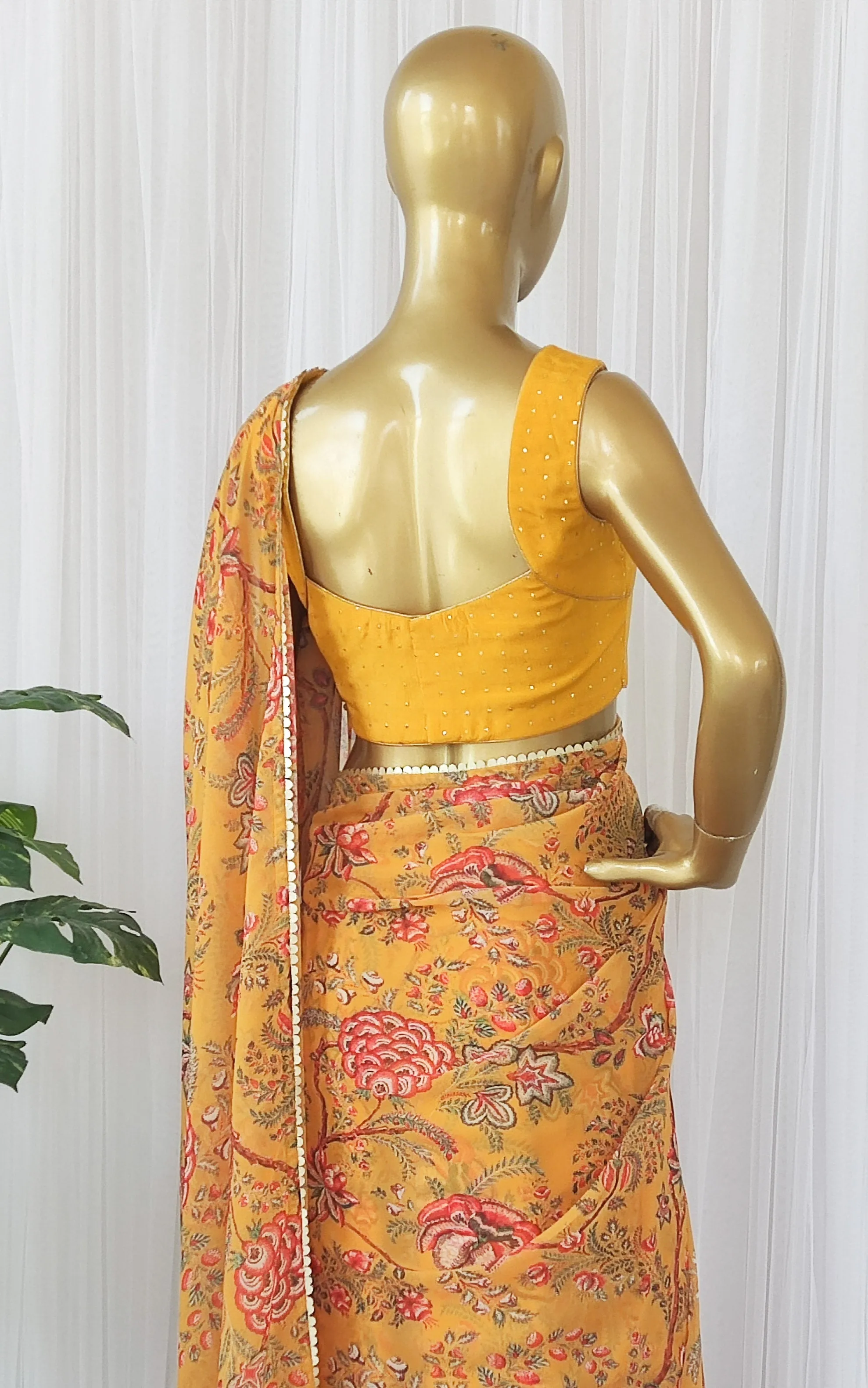 Mustard Floral Georgette Saree with Mukaish Blouse