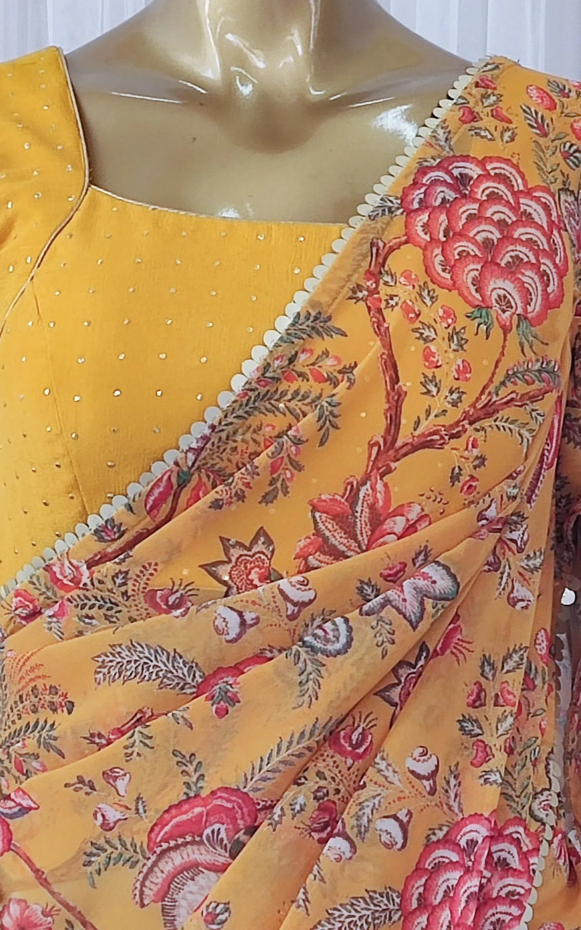 Mustard Floral Georgette Saree with Mukaish Blouse