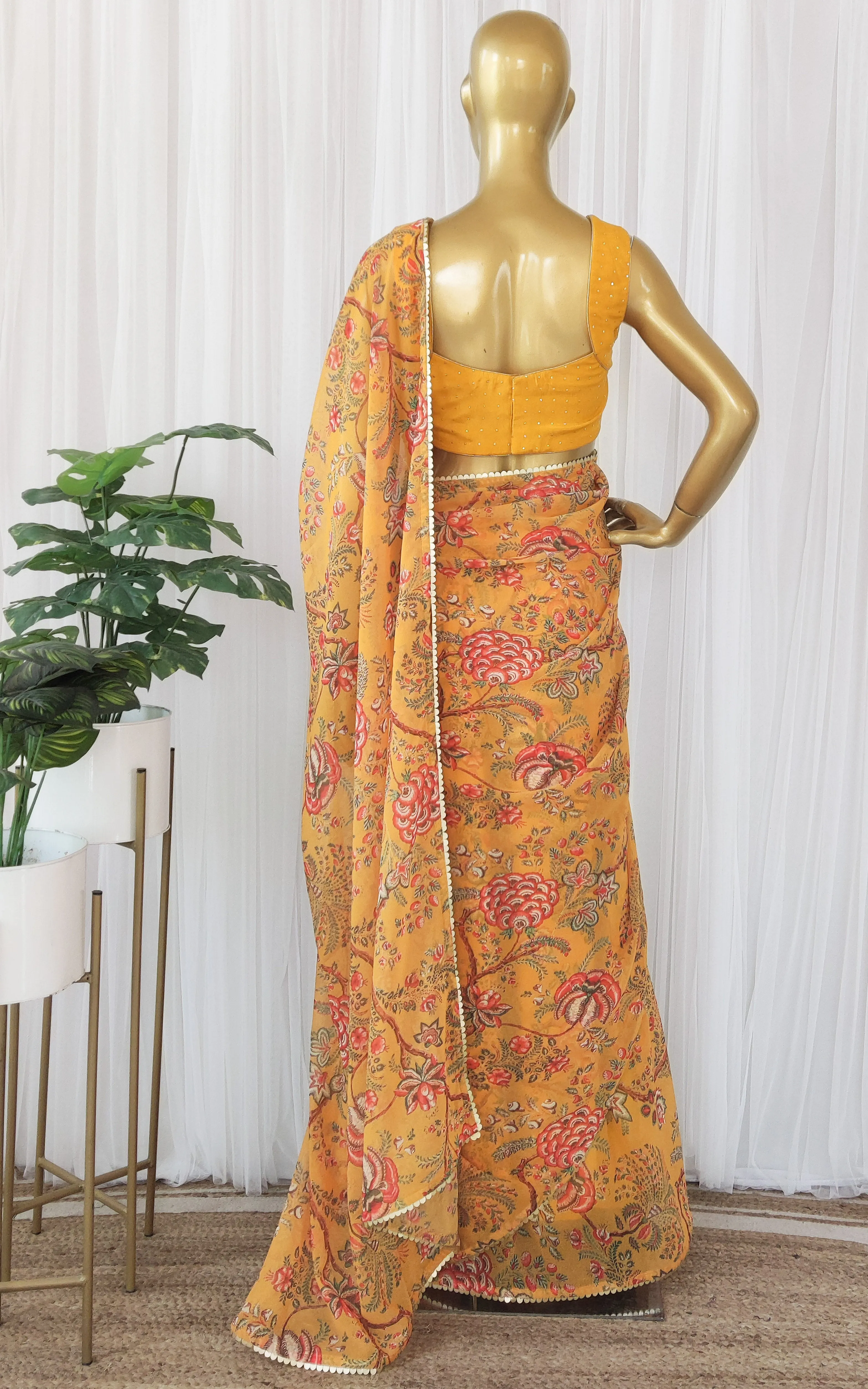 Mustard Floral Georgette Saree with Mukaish Blouse