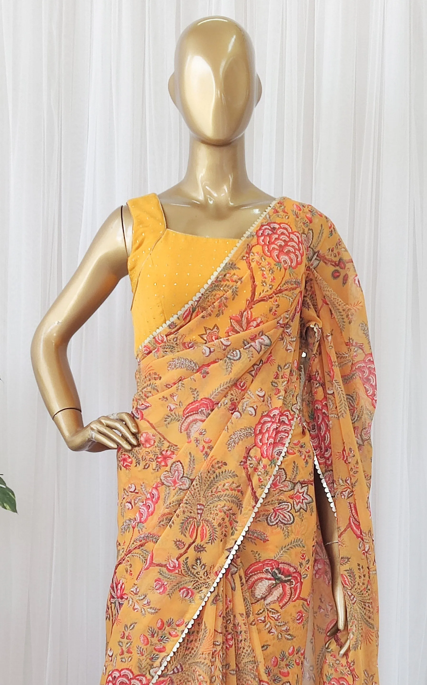 Mustard Floral Georgette Saree with Mukaish Blouse